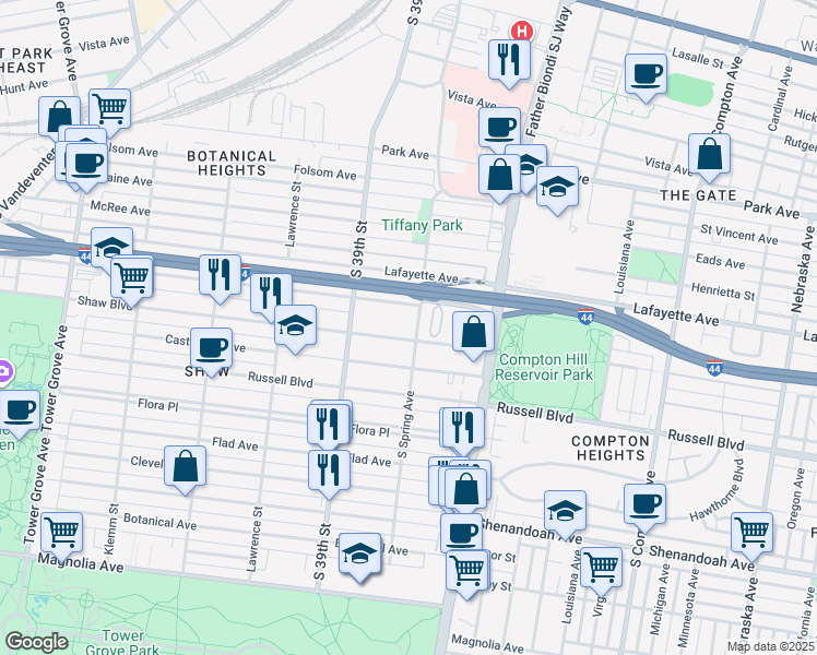 map of restaurants, bars, coffee shops, grocery stores, and more near 3807 Shaw Boulevard in St. Louis