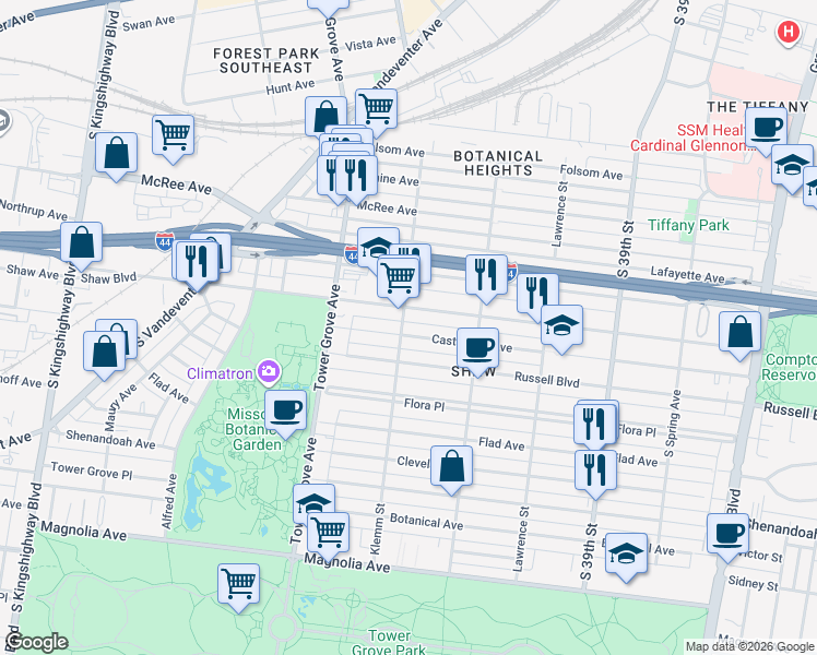 map of restaurants, bars, coffee shops, grocery stores, and more near 4178 Shaw Boulevard in St. Louis