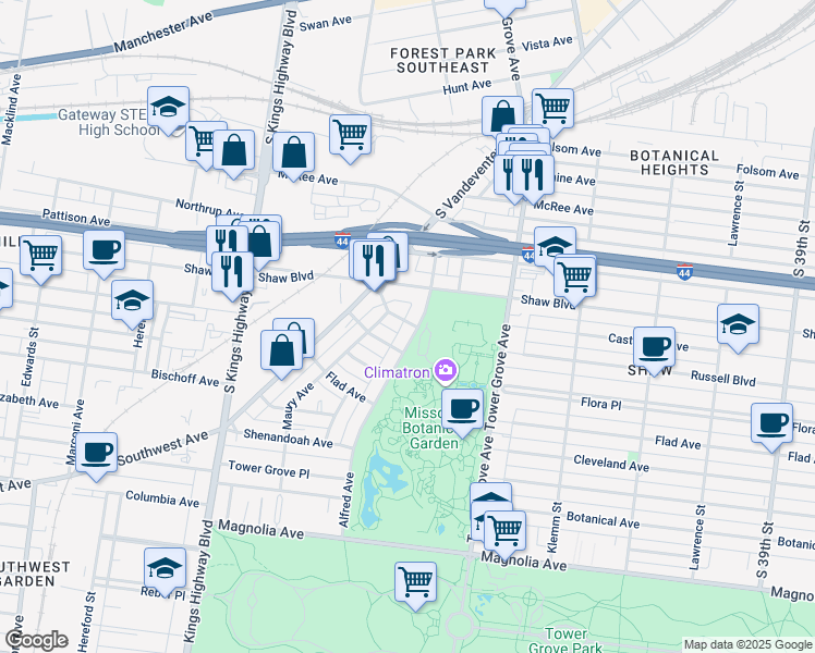 map of restaurants, bars, coffee shops, grocery stores, and more near 1902 Maury Avenue in St. Louis