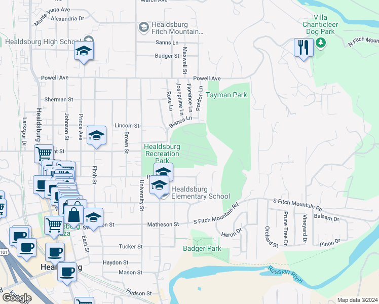 map of restaurants, bars, coffee shops, grocery stores, and more near Matheson in Healdsburg