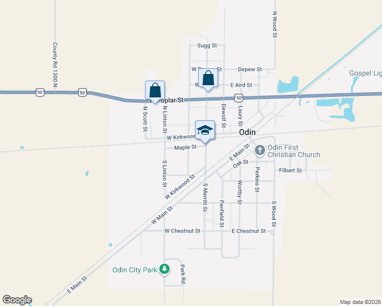 map of restaurants, bars, coffee shops, grocery stores, and more near 209 Maple Street in Odin