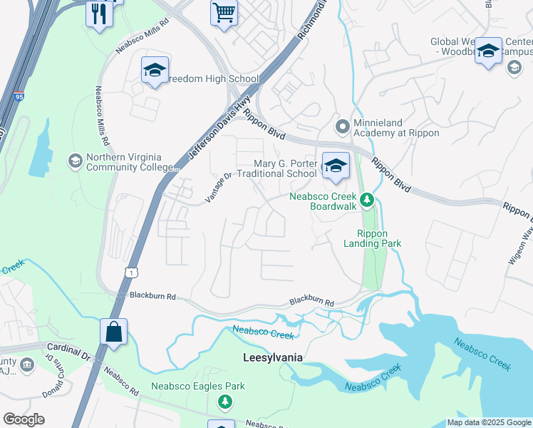 map of restaurants, bars, coffee shops, grocery stores, and more near 15506 Chicacoan Drive in Woodbridge