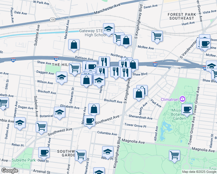 map of restaurants, bars, coffee shops, grocery stores, and more near 2100 Boardman Street in St. Louis