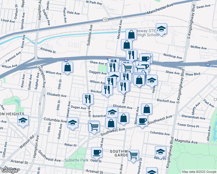 map of restaurants, bars, coffee shops, grocery stores, and more near 2101 Macklind Avenue in St. Louis
