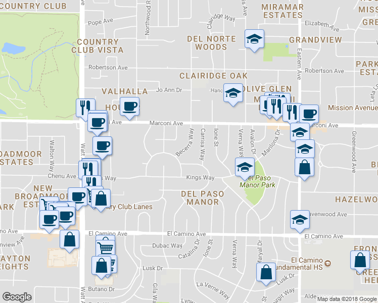 map of restaurants, bars, coffee shops, grocery stores, and more near 2816 Becerra Way in Sacramento
