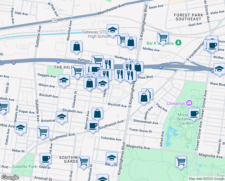 map of restaurants, bars, coffee shops, grocery stores, and more near 2100 Boardman Street in St. Louis
