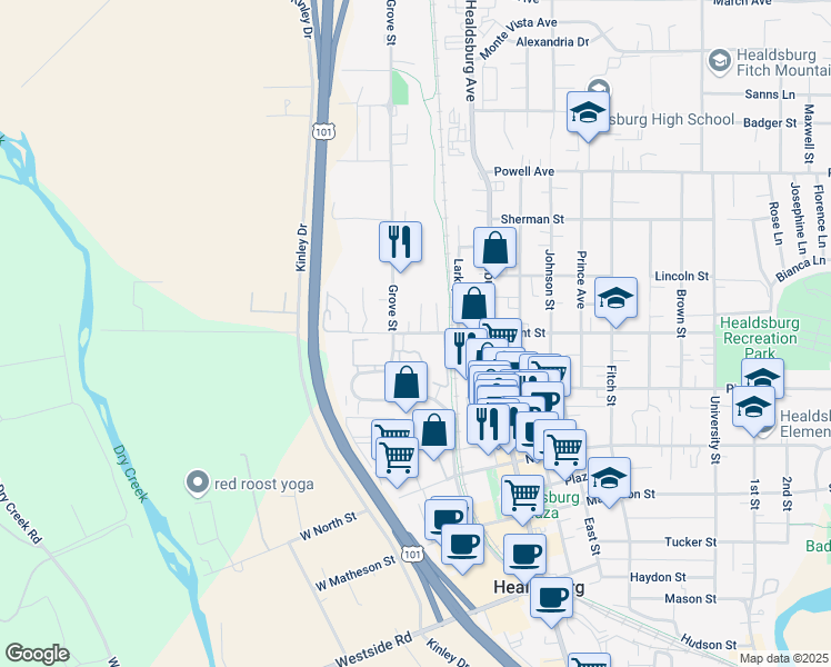 map of restaurants, bars, coffee shops, grocery stores, and more near 55 West Grant Street in Healdsburg