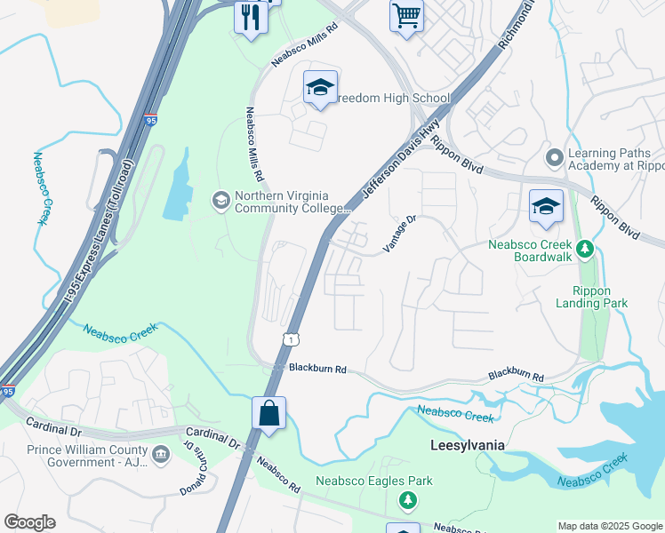 map of restaurants, bars, coffee shops, grocery stores, and more near 15535 John Diskin Circle in Woodbridge
