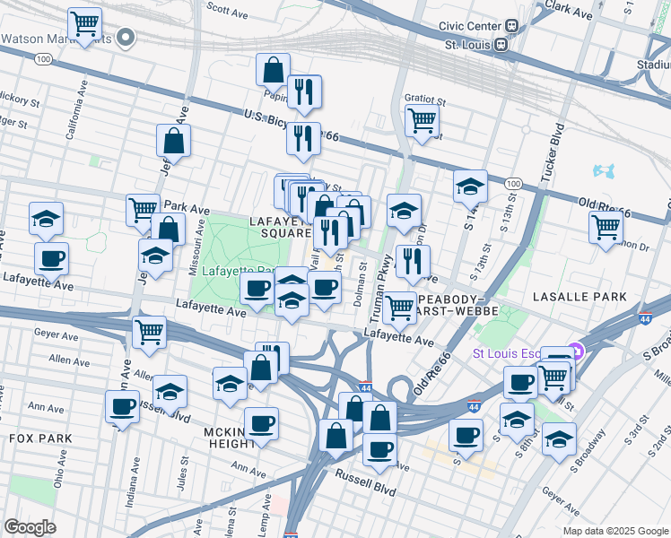 map of restaurants, bars, coffee shops, grocery stores, and more near 1425 South 18th Street in St. Louis