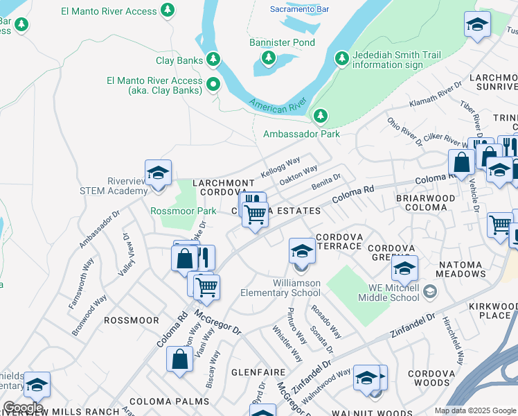 map of restaurants, bars, coffee shops, grocery stores, and more near 2028 Benita Drive in Rancho Cordova