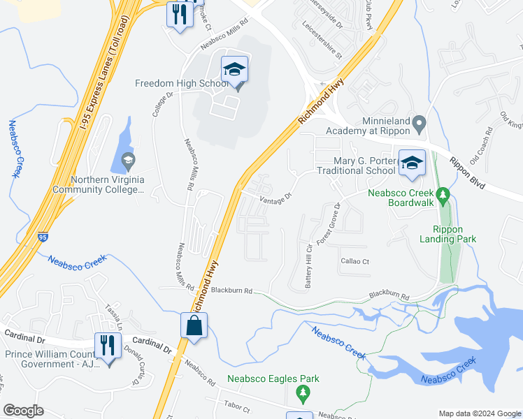 map of restaurants, bars, coffee shops, grocery stores, and more near 15485 Chopawamsic Court in Woodbridge
