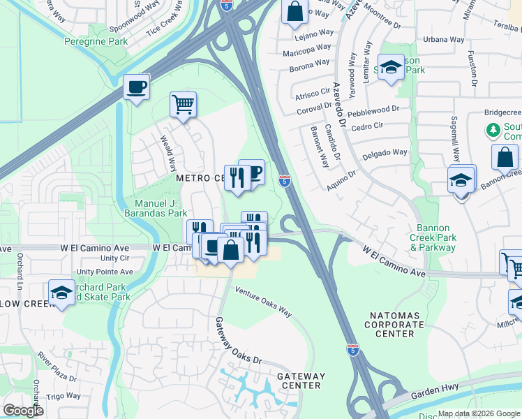 map of restaurants, bars, coffee shops, grocery stores, and more near 2700 Gateway Oaks Drive in Sacramento
