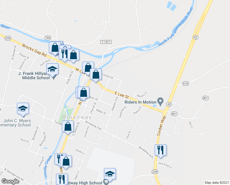 map of restaurants, bars, coffee shops, grocery stores, and more near 215 East Lee Street in Broadway