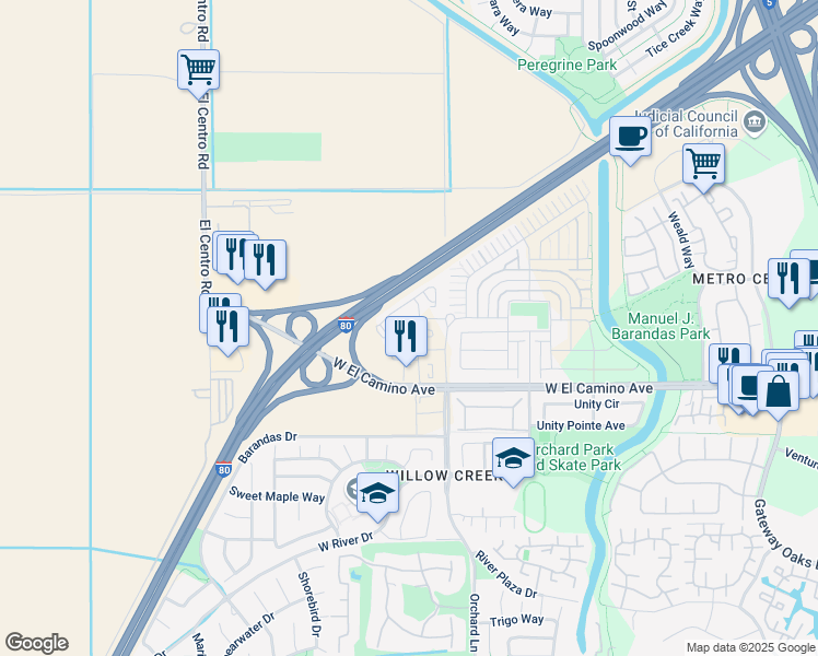 map of restaurants, bars, coffee shops, grocery stores, and more near 2745 Orchard Lane in Sacramento