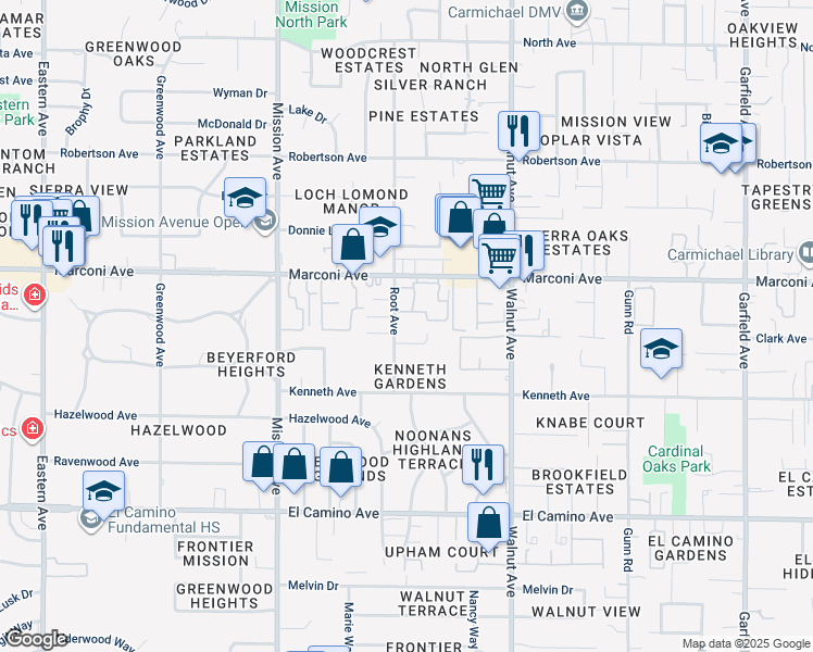 map of restaurants, bars, coffee shops, grocery stores, and more near 2804 Root Avenue in Carmichael