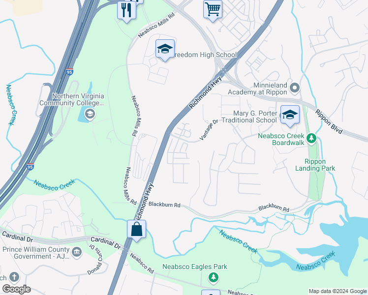 map of restaurants, bars, coffee shops, grocery stores, and more near 15487 Chopawamsic Court in Woodbridge