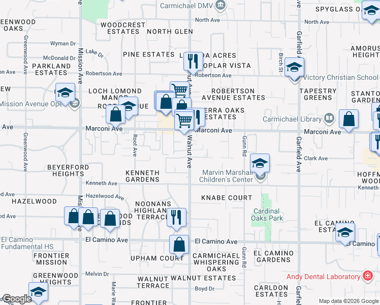 map of restaurants, bars, coffee shops, grocery stores, and more near 2800 Walnut Avenue in Carmichael