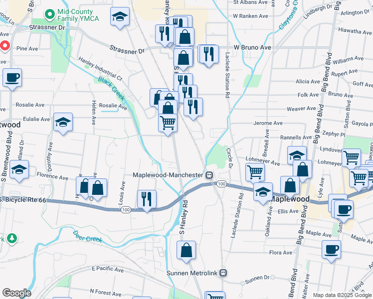 map of restaurants, bars, coffee shops, grocery stores, and more near 2600 South Hanley Road in Saint Louis