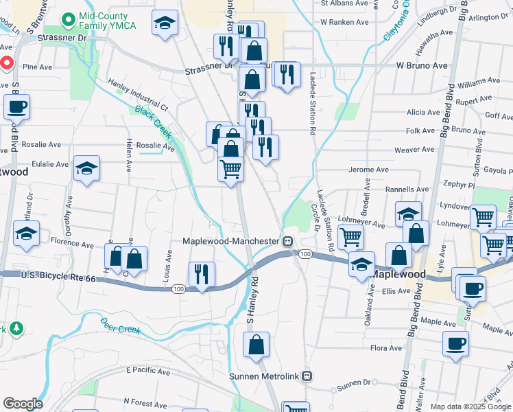 map of restaurants, bars, coffee shops, grocery stores, and more near 2600 South Hanley Road in Saint Louis