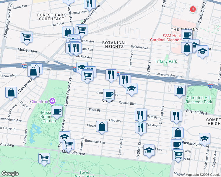 map of restaurants, bars, coffee shops, grocery stores, and more near 4068 Shaw Boulevard in St. Louis