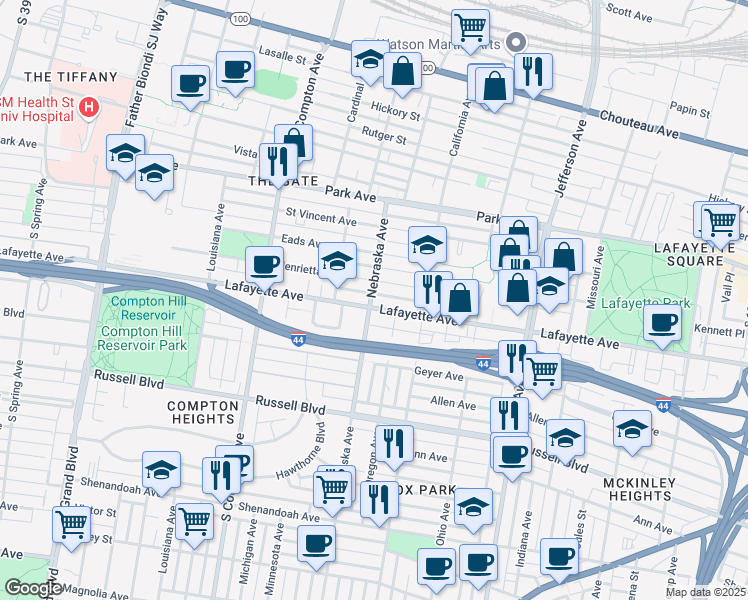 map of restaurants, bars, coffee shops, grocery stores, and more near 2857 Lafayette Avenue in St. Louis