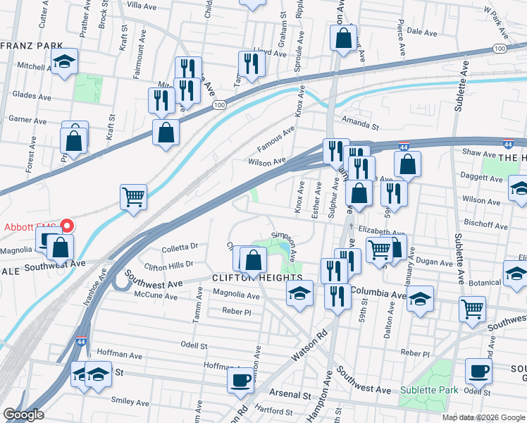 map of restaurants, bars, coffee shops, grocery stores, and more near 6219 Elizabeth Avenue in St. Louis
