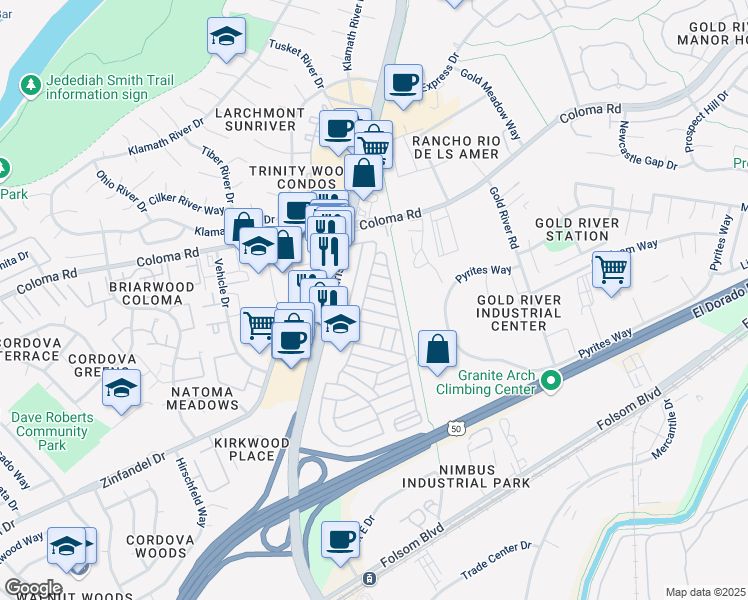 map of restaurants, bars, coffee shops, grocery stores, and more near 36 Sunbeam Way in Rancho Cordova
