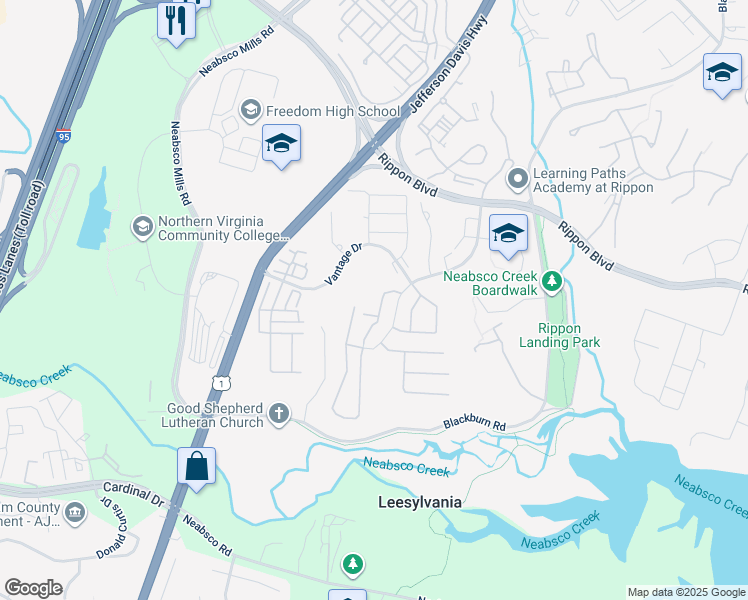 map of restaurants, bars, coffee shops, grocery stores, and more near 15562 Horseshoe Lane in Woodbridge