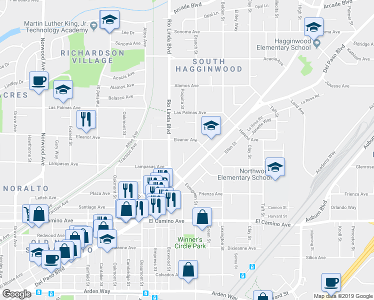 map of restaurants, bars, coffee shops, grocery stores, and more near 950 Eleanor Avenue in Sacramento