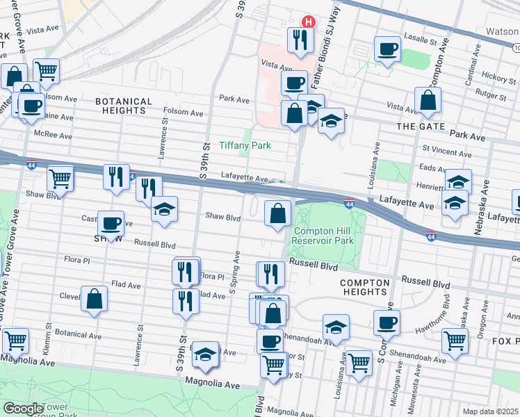 map of restaurants, bars, coffee shops, grocery stores, and more near 6 Shaw Place in St. Louis