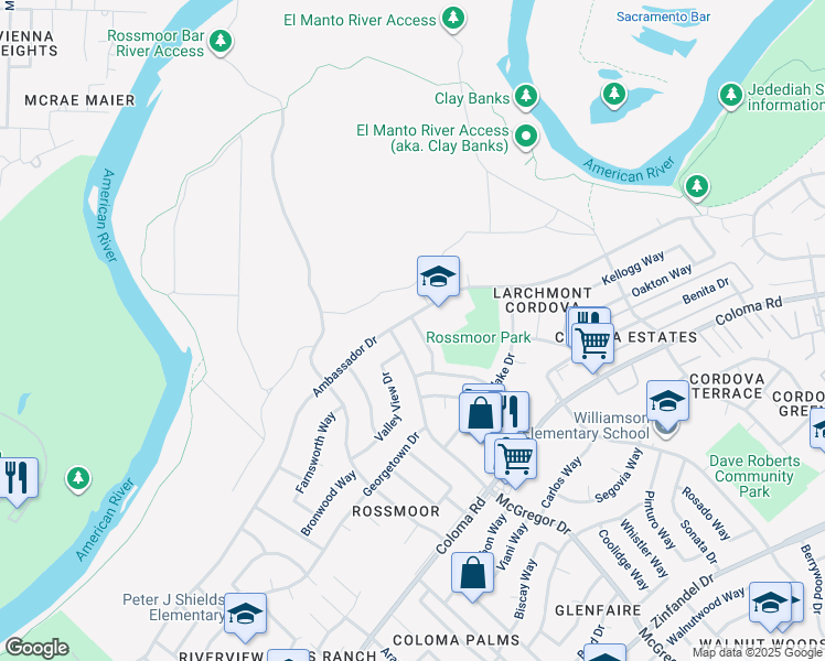 map of restaurants, bars, coffee shops, grocery stores, and more near 10608 Ambassador Drive in Rancho Cordova