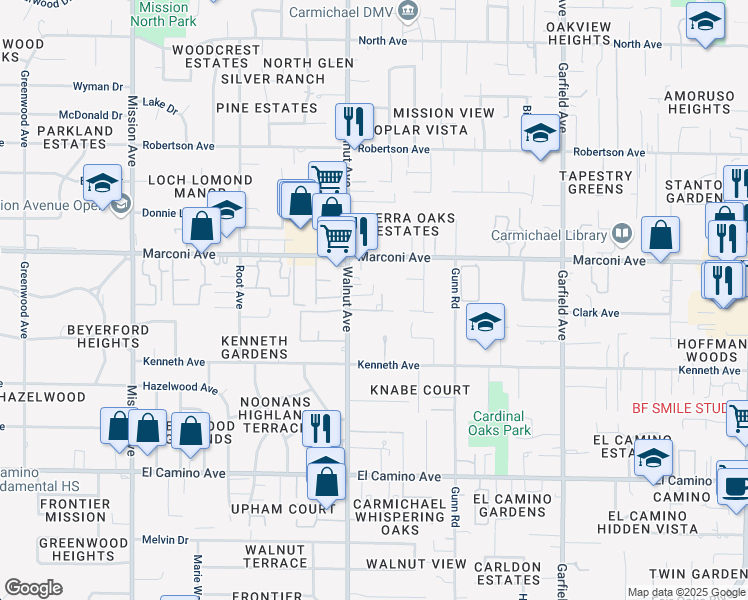 map of restaurants, bars, coffee shops, grocery stores, and more near 2800 Walnut Avenue in Carmichael