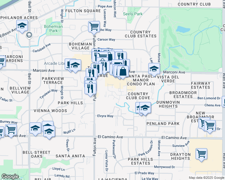 map of restaurants, bars, coffee shops, grocery stores, and more near 2712 Marconi Avenue in Sacramento