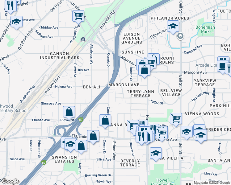 map of restaurants, bars, coffee shops, grocery stores, and more near 2736 Connie Drive in Sacramento