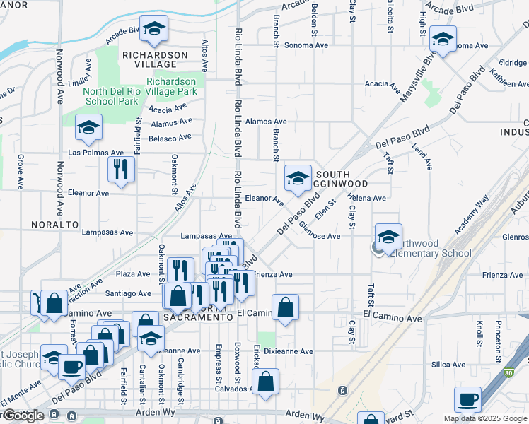 map of restaurants, bars, coffee shops, grocery stores, and more near 950 Eleanor Avenue in Sacramento
