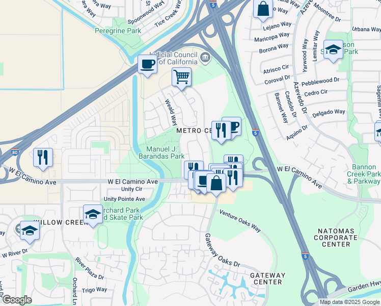 map of restaurants, bars, coffee shops, grocery stores, and more near 2856 Grasslands Drive in Sacramento
