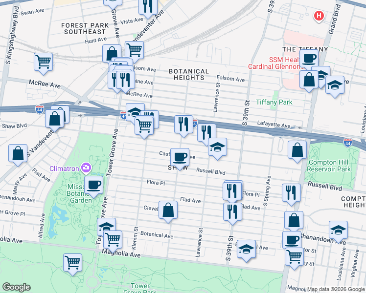 map of restaurants, bars, coffee shops, grocery stores, and more near 4068 Shaw Boulevard in St. Louis