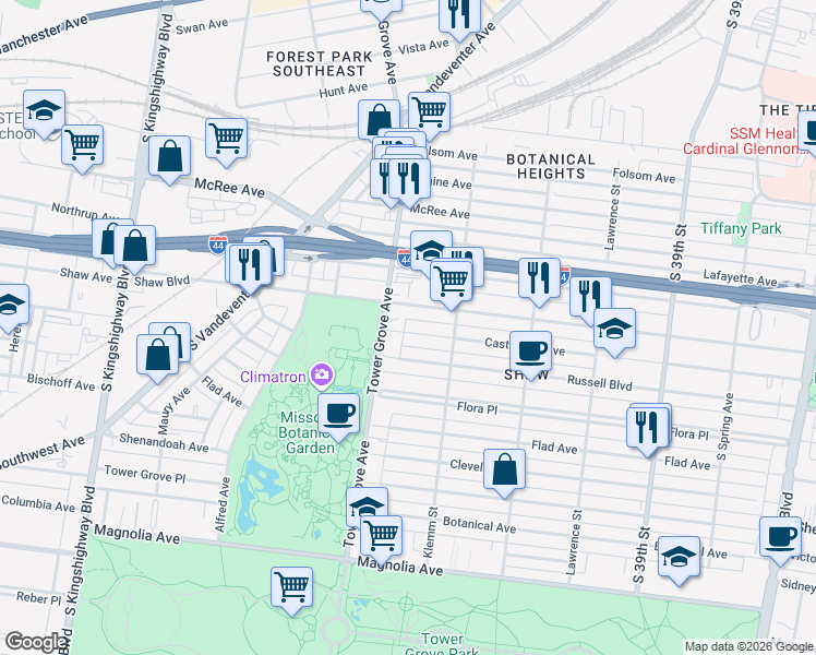 map of restaurants, bars, coffee shops, grocery stores, and more near 4233 Castleman Avenue in St. Louis