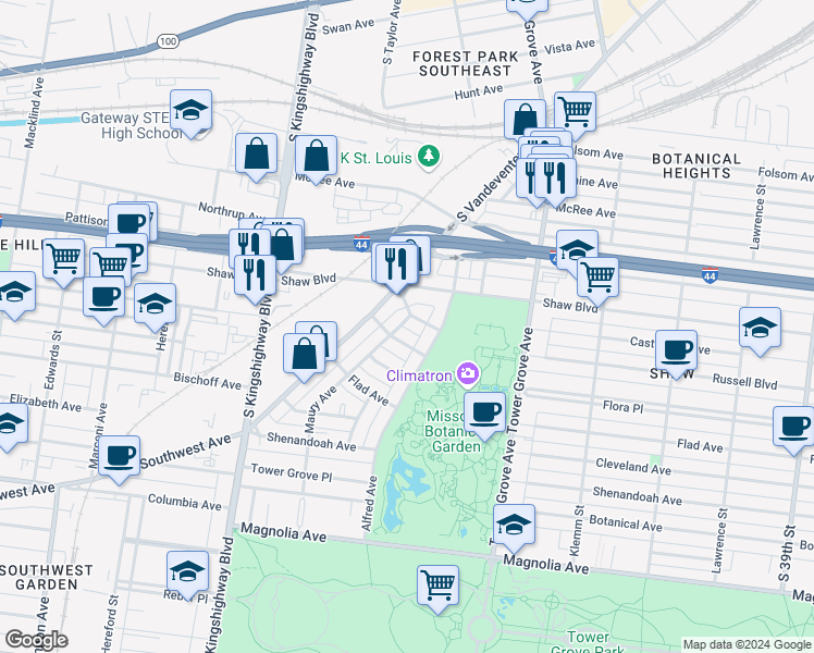 map of restaurants, bars, coffee shops, grocery stores, and more near 1902 Maury Avenue in St. Louis
