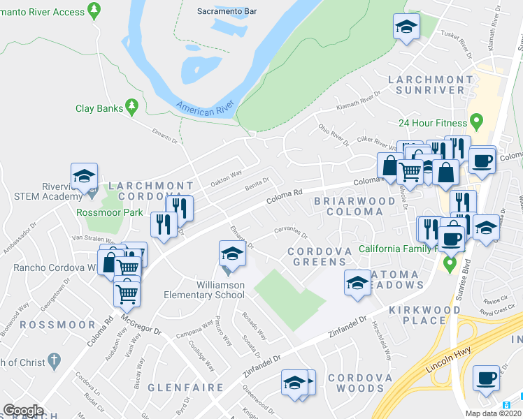 map of restaurants, bars, coffee shops, grocery stores, and more near 10880 Coloma Road in Rancho Cordova