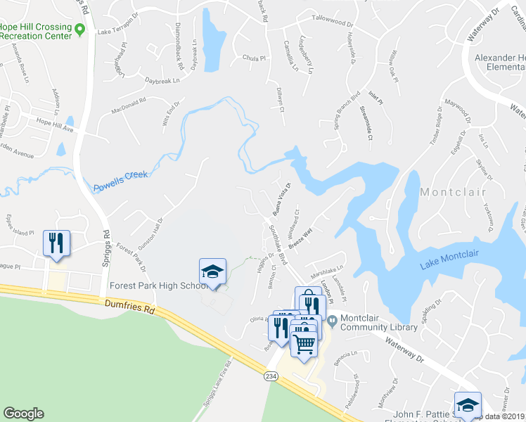 map of restaurants, bars, coffee shops, grocery stores, and more near 15631 Winding Creek Drive in Montclair