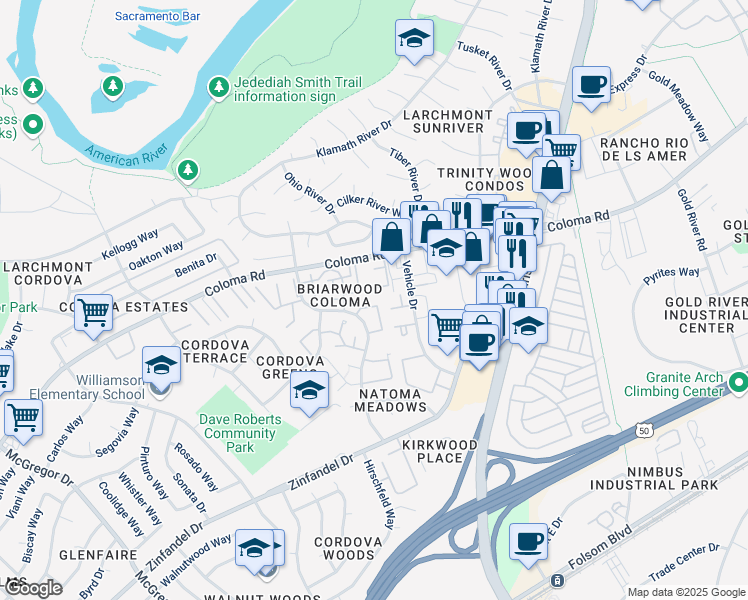 map of restaurants, bars, coffee shops, grocery stores, and more near 2316 Filmore Lane in Rancho Cordova