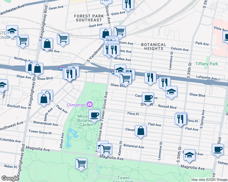 map of restaurants, bars, coffee shops, grocery stores, and more near 4233 Castleman Avenue in St. Louis