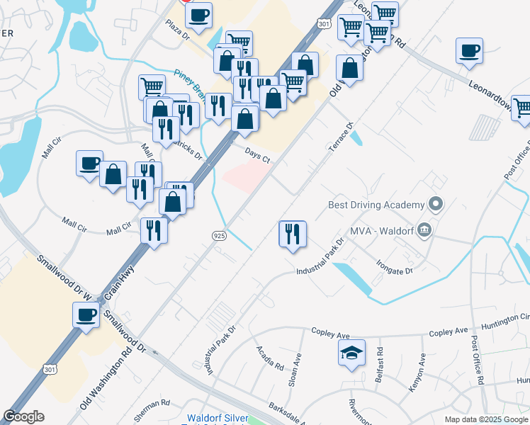 map of restaurants, bars, coffee shops, grocery stores, and more near 3510 Old Washington Road in Waldorf