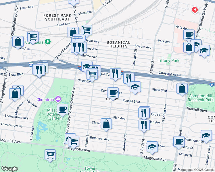 map of restaurants, bars, coffee shops, grocery stores, and more near 4136 Shaw Boulevard in St. Louis