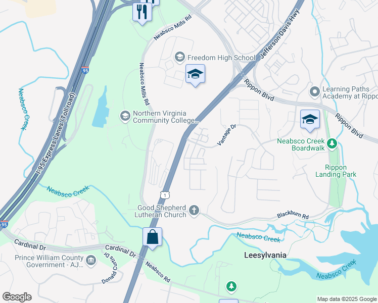 map of restaurants, bars, coffee shops, grocery stores, and more near 15529 John Diskin Circle in Woodbridge