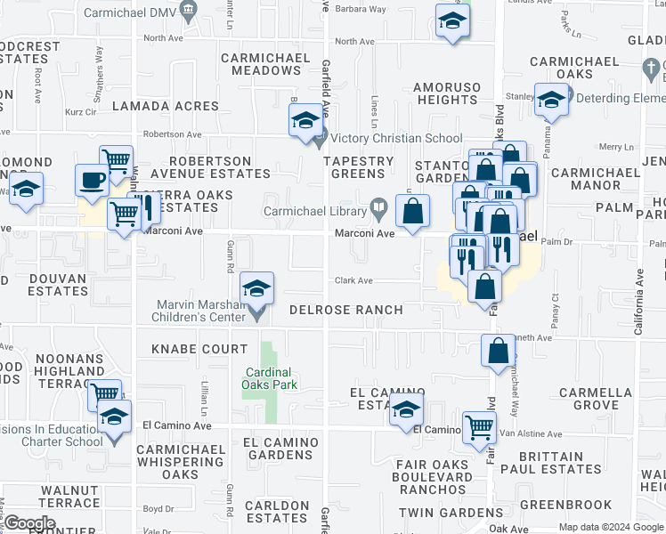 map of restaurants, bars, coffee shops, grocery stores, and more near 2816 Garfield Avenue in Carmichael