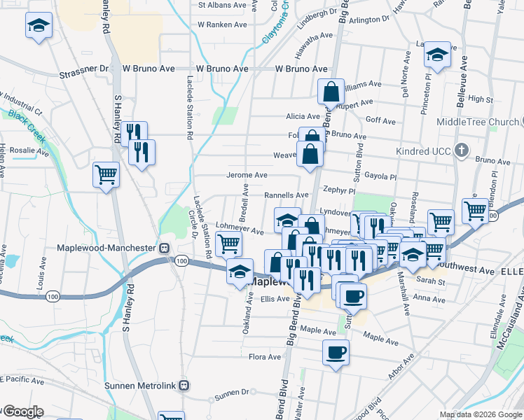 map of restaurants, bars, coffee shops, grocery stores, and more near 2521 Oakland Avenue in Maplewood