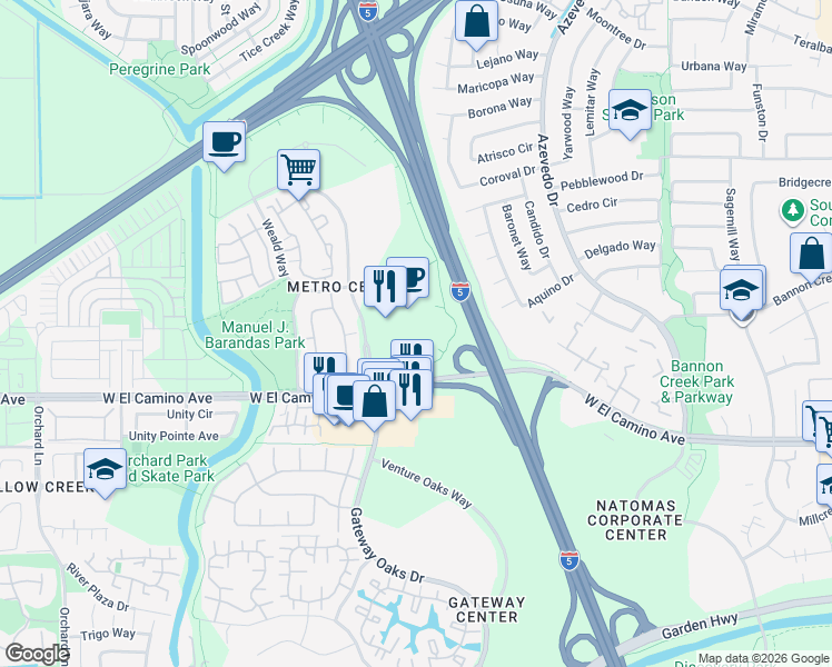 map of restaurants, bars, coffee shops, grocery stores, and more near 2700 Gateway Oaks Drive in Sacramento