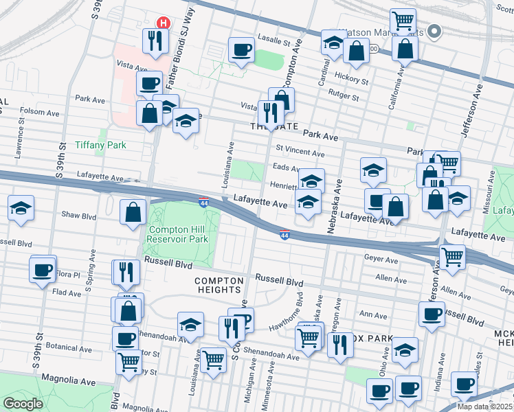 map of restaurants, bars, coffee shops, grocery stores, and more near 3202 Lafayette Avenue in St. Louis
